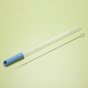 Detailed set featuring a reusable Tritan straw with haze blue silicone tip and cleaning brush