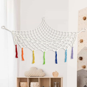 Triangle woven toy hammock with colorful tassels for kids' room wall storage