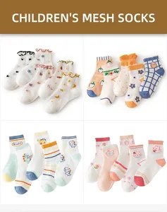 Close-up of breathable mesh summer socks for children featuring cute animal patterns
