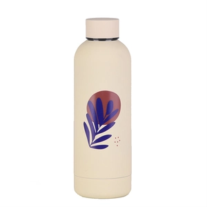 Detail of beige stainless steel thermal bottle with artistic plant illustration on matte finish