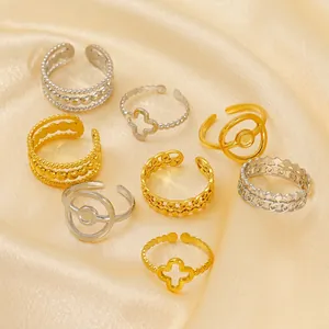 Open Ring Adjustable Stainless Steel 18K Gold Plated Hollow Clover Double Layer Geometric Fashion Jewelry For Women