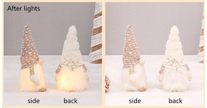 Detailed side and back view of glowing Christmas gnomes with LED light effects