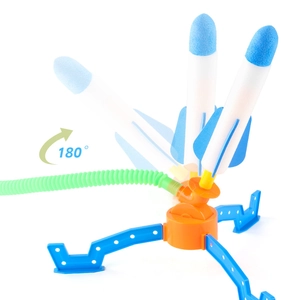 Outdoor toy rocket launcher with 180-degree rotating base and colorful foam rockets