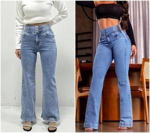 Détail du jean évasé à taille haute avec trois boutons et taille élastique ajustable