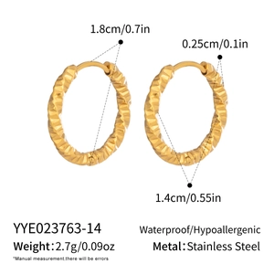 Detailed size parameters of textured gold stainless steel hoop earrings on white background