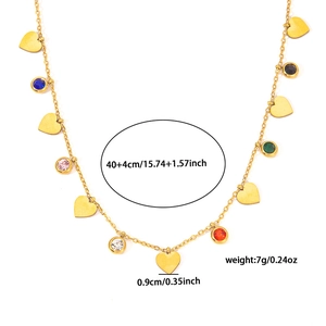 Detail of gold necklace with multi-color zircon charms and heart pendants, size 40+4cm