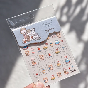Detailed 3D embossed nail stickers featuring cute cartoon bears and tea time patterns
