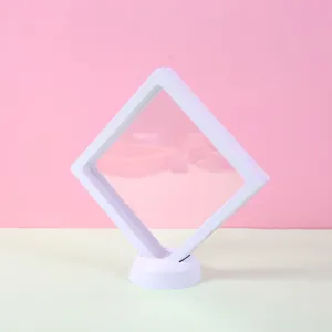 White square PE film floating display box with round base for rings and jewelry storage