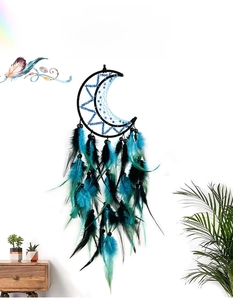 Detail of Indian dream catcher featuring a black moon frame and vibrant blue feathers
