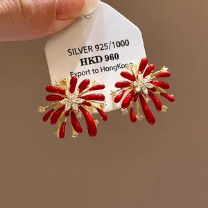 Fireworks Flower Stud Earrings Alloy Enamel Zircon With 925 Sterling Silver Earring Post Retro French Luxury Elegant For Women