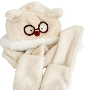 Cappello orsetto 3-in-1 in peluche con sciarpa e guanti a tasca bianco crema per l'inverno