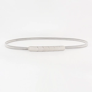 Close-up of silver elastic spring waist belt with polished metal oval buckle detail