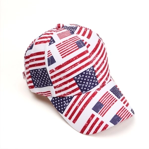 Top-down view of vintage USA flag baseball cap with distressed stars and stripes