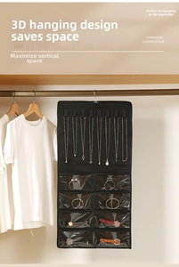 Detail of hanging jewelry organizer in a closet featuring necklace hooks and PVC pockets
