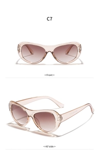 Front and side view of champagne oval sunglasses with gradient lenses and clear frames