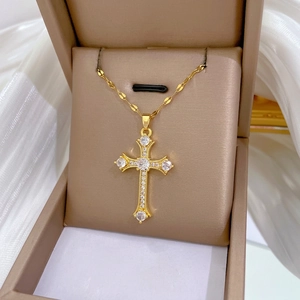 Elegant gold titanium steel cross necklace with white zircon in a premium gift box