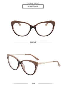 Front and side views of apricot demi cat-eye glasses with golden metal temples