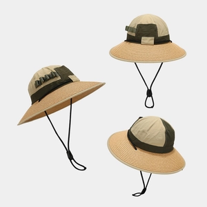 Wide Brim Sun Hat Straw Woven Patchwork Polyester Quick Dry Outdoor Hiking Fishing With Adjustable Wind Rope