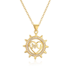 Gold plated heart pendant necklace with sunburst design and I Love U zircon stones
