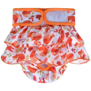 Dog diaper skirt with autumn fox print, orange elastic trim and magic tape closure