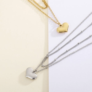 Collier Pendentif Cœur Double Couche Acier Inoxydable Chaîne À Billes Minimaliste Bijoux Mode Pour Femmes
