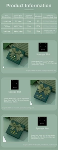 Size chart for green jewelry boxes with bows, showing dimensions for rings and necklaces