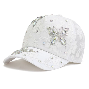 White lace baseball cap for women with rhinestone butterfly patterns and floral textures