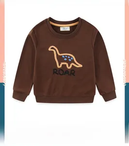 Detail of children's brown dinosaur sweatshirt with textured towel embroidery roar text