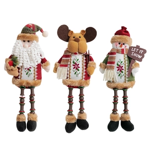 Three Christmas plush dolls with beaded legs including Santa Claus, elk, and snowman figures