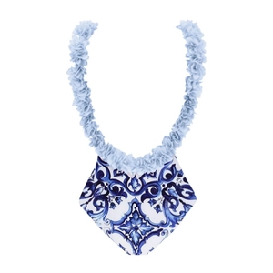 Blue porcelain print baby bib with ruffled lace neck strap on a clean white background