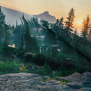 Digital print tapestry featuring mountain landscape with coniferous forest and sunset