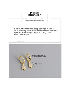 Detail showing S925 sterling silver Christmas tree hoop earrings with dimensions and weight