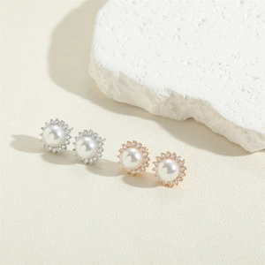 Exquisite sunflower pearl stud earrings with zircon halo in gold and silver finishes