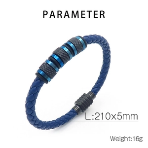 Detailed view of blue braided leather bracelet with technical specs L:210x5mm and 16g weight