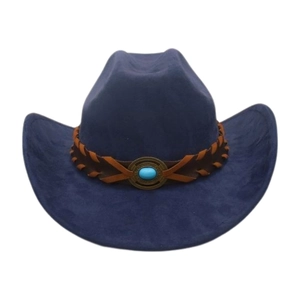 Détail d'un chapeau de cow-boy bleu marine avec pierre turquoise et bande tressée