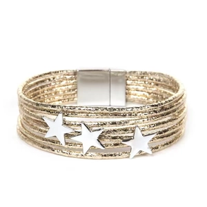Close-up of champagne gold multilayer wrap bracelet with three silver star accents