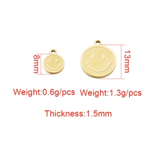 Mirror polished stainless steel smiley face pendants showing 8mm and 13mm size specifications