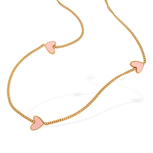 Chic golden necklace with three pink heart charms on a white background in minimalist style