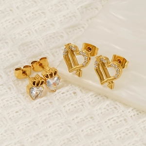 Heart Stud Earrings 304 Stainless Steel 18K Gold Plated Zirconia Cupid Arrow Crown Elegant Jewelry For Women