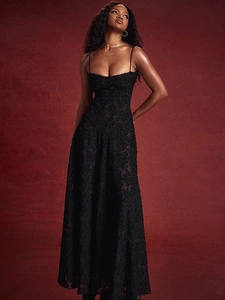 Elegant black backless evening gown with lace texture and slim fit maxi silhouette