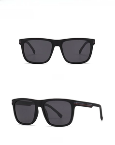 Front and side view of matte black square TR sunglasses with striped temple detail