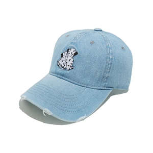 Light blue denim baseball cap with dalmatian embroidery and distressed vintage details