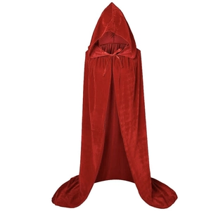 Close-up of long red velvet hooded cloak with neck ties for Halloween cosplay costumes