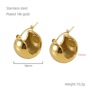 Detail view of 18k gold plated stainless steel hollow hoop earrings with dimensions