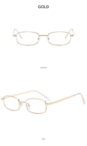 Detailed front and side views of minimalist gold rectangular metal frame glasses