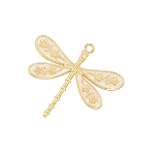Golden dragonfly pendant with white floral enamel wings for DIY jewelry making