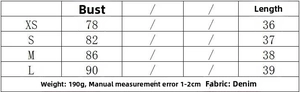 Detailed denim blazer corset size chart with bust and length measurements in cm