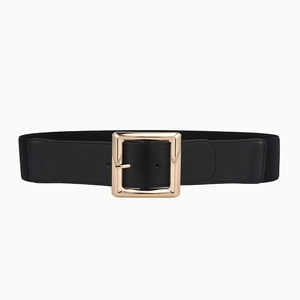 Minimalist wide black elastic waist belt for women with a polished gold square buckle