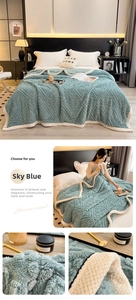 Detail of sky blue carved velvet blanket with white faux sherpa fleece lining texture