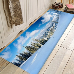 Absorbent flannel floor mat with snow mountain forest print for kitchen and bathroom